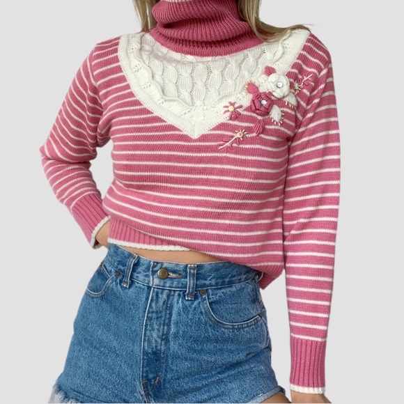 Vintage Sweaters - Vintage Pink Striped Turtleneck Sweater Floral S/M
